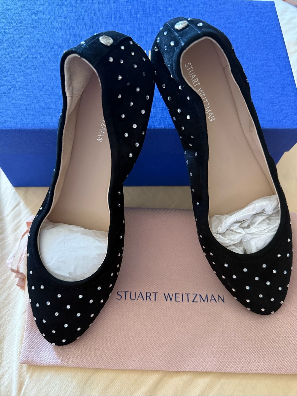 Stuart Weitzman Black Suede Crystal-Stud Flats